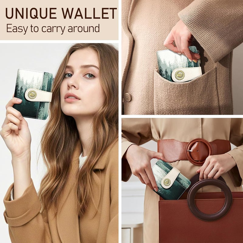 Kelvoris Forest Tree Small Rfid Women Wallet Bifold Zipper Coin Pocket PU Leather Compact Cash Credit Card Holder Travel Wallet for Female Ladies Teen Girls 1 ID Window 10 Card Slots - Image 2
